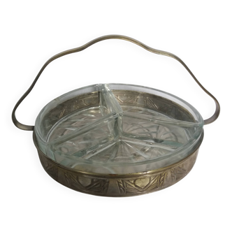 Aperitif platter, metal server and glass ramekins, Art Deco