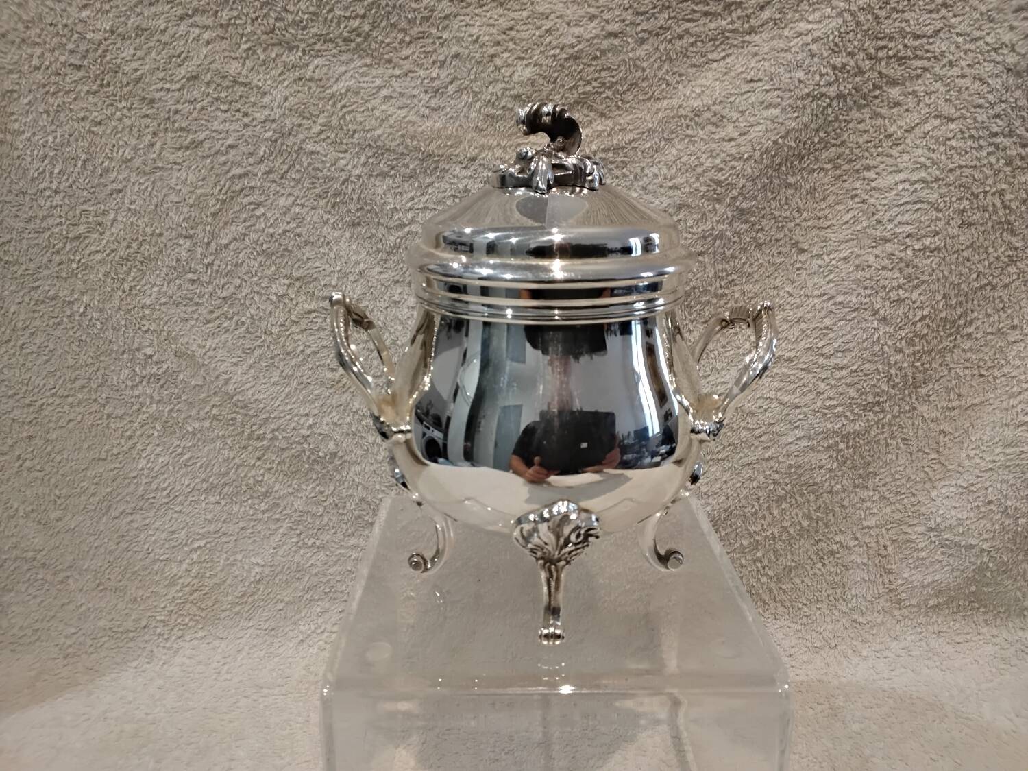 Silver-plated metal sugar bowl by Christofle silversmiths, Marly rocaille pattern