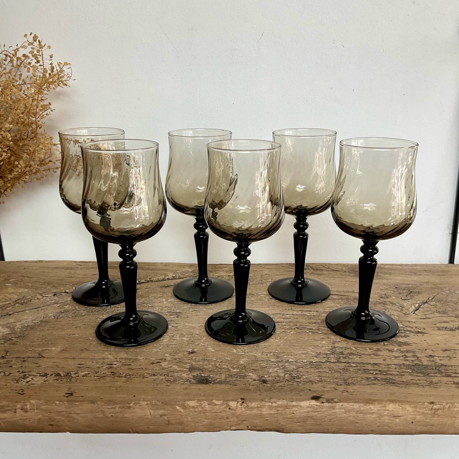 6 small luminarc smoked stemmed glasses
