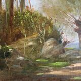 HST painting "Landscape along the water with cows" signed Paul Nicolet (20th century)