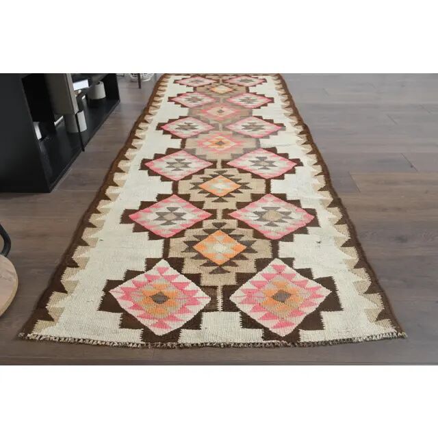 1970s Turkish Oushak Handmade Wool Cotton Pink Runner Rug 92x267
