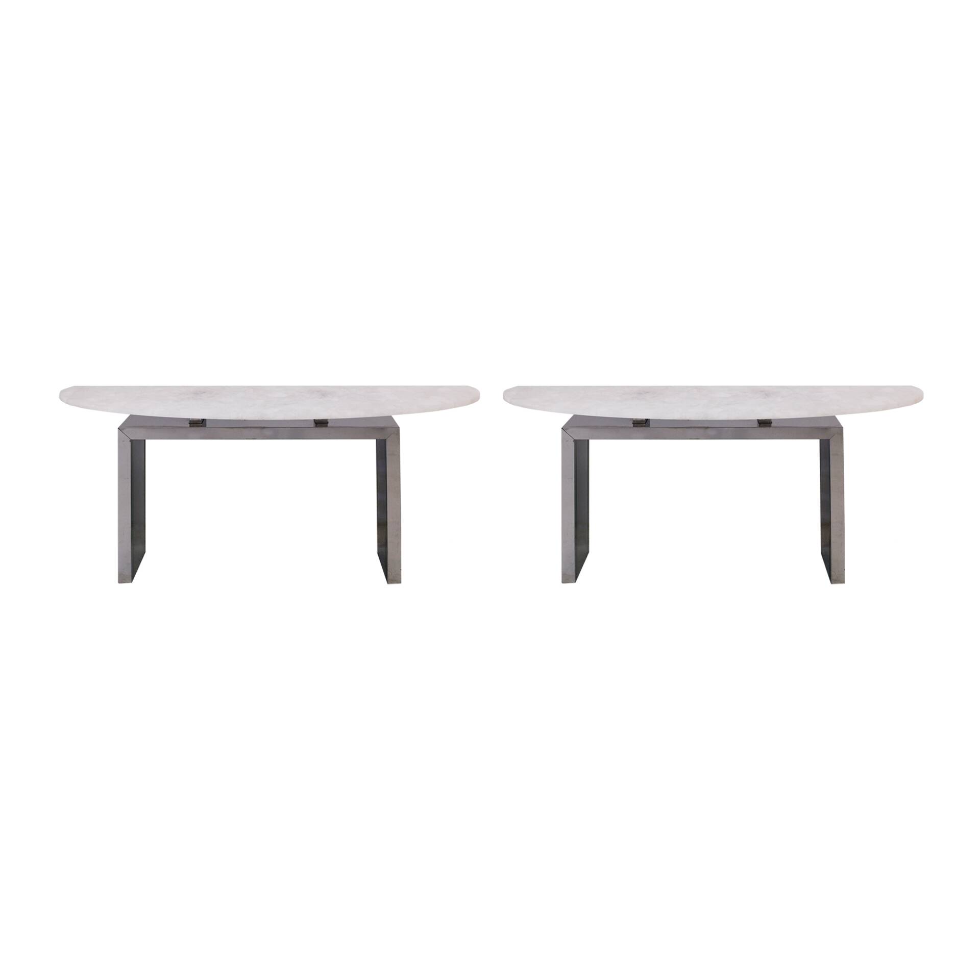 Contemporary Pair of Demilune Consoles Made Of White Quartz & Steel