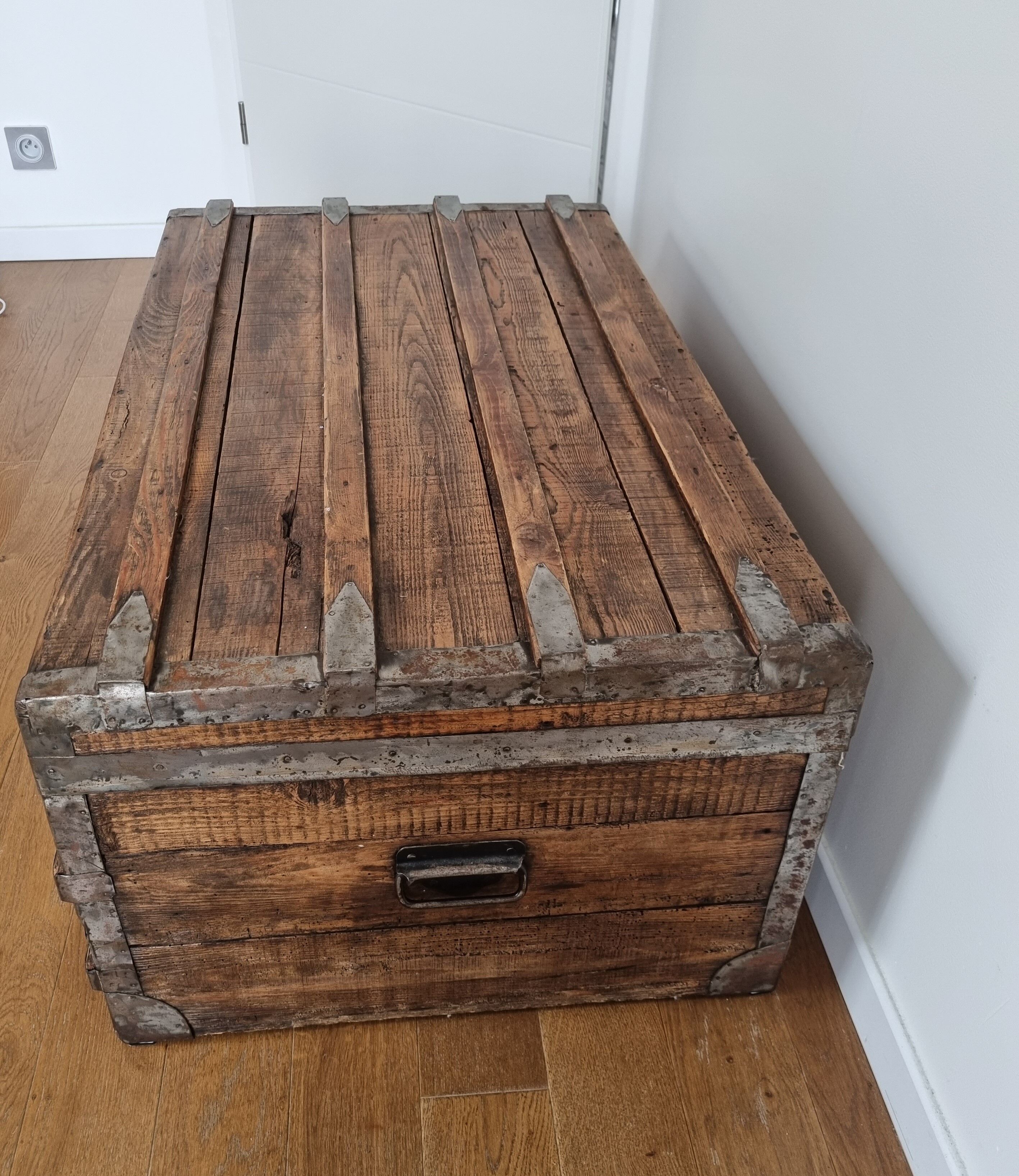 Large-scale marine style decorative wooden trunk with interior upholstery