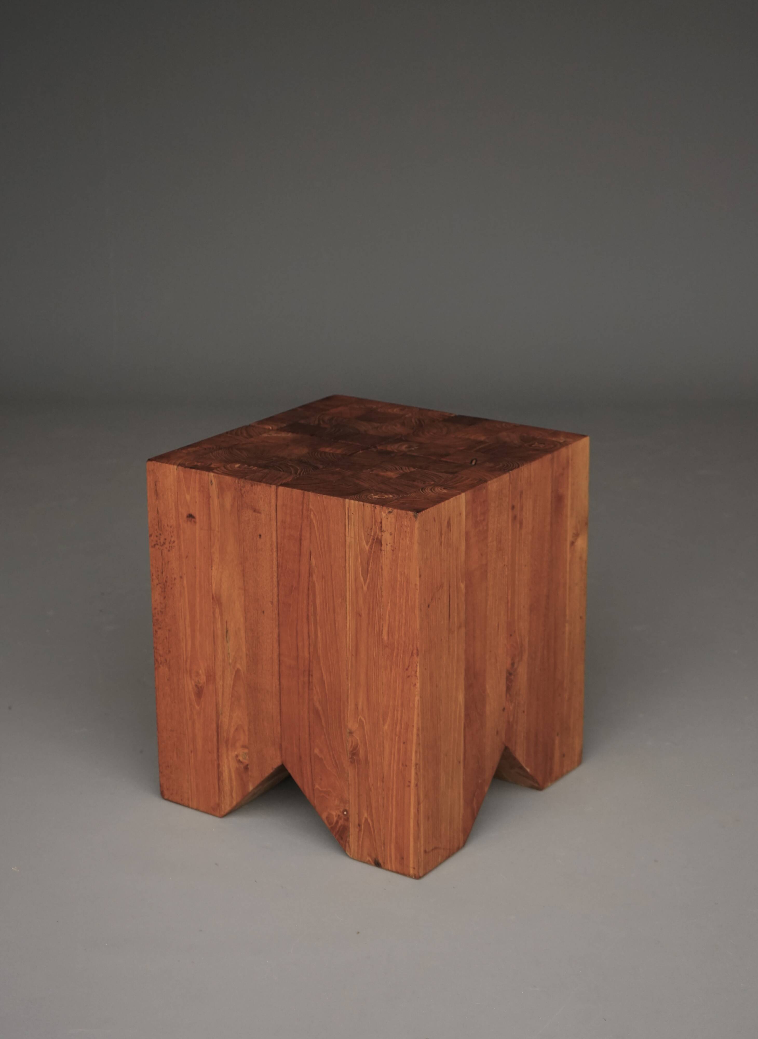 Brutalist solid Teak wood Stool or Side Table. 1990s