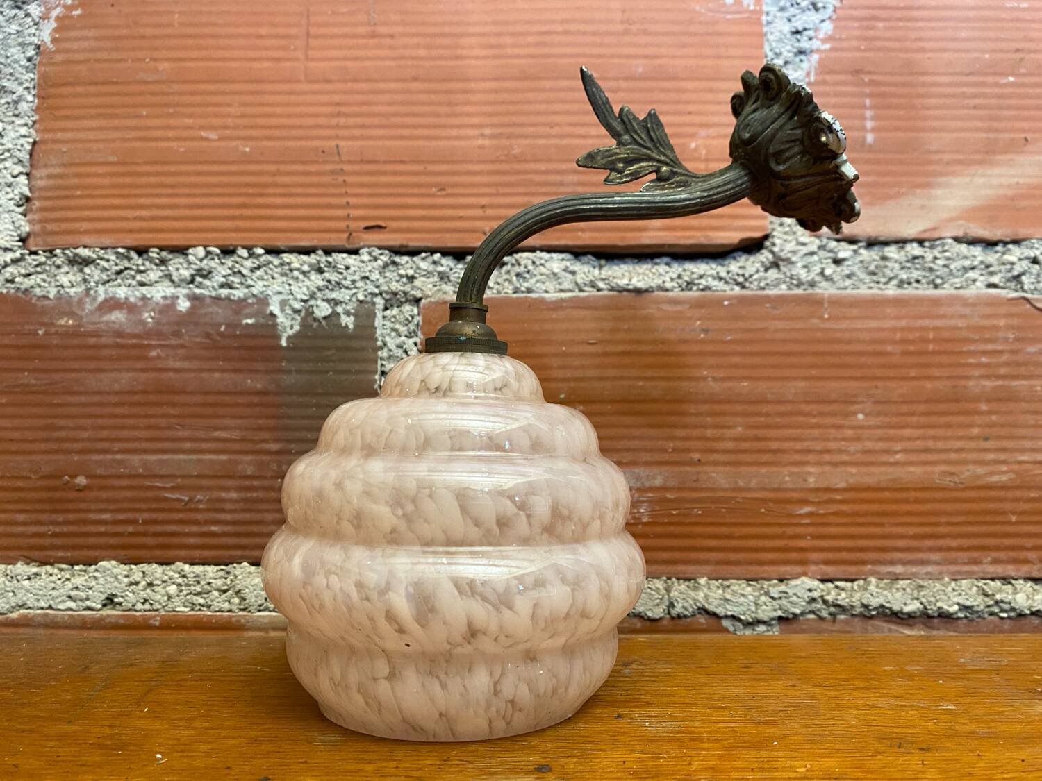 Antique Art Nouveau Gilt Bronze Wall Lamp + Vintage Pink Glass Ball