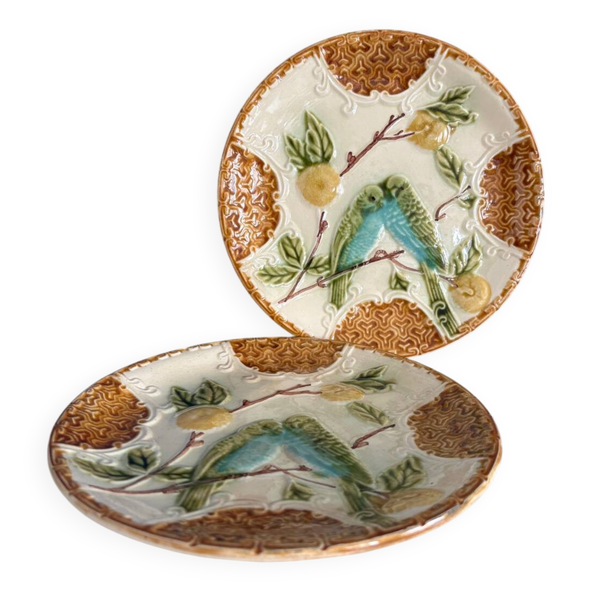Set of 2 Salins Barbotine Plates - Vintage Parakeet Decor - service