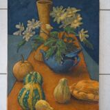 Still life painting with bouquet of flowers and vegetables HST signed