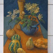Tableau nature morte au bouquet de fleurs et légumes HST signé