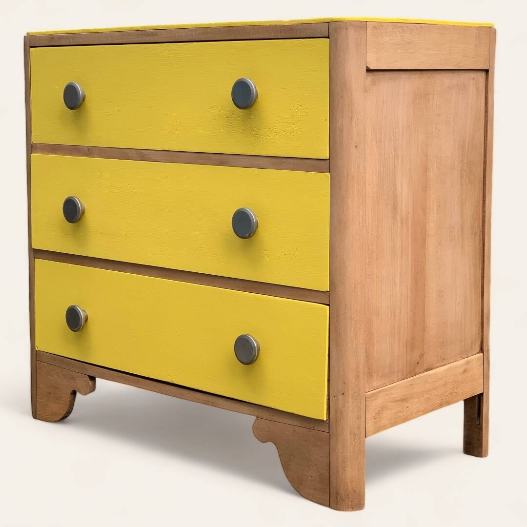 Commode art déco jaune poudré et bois brut