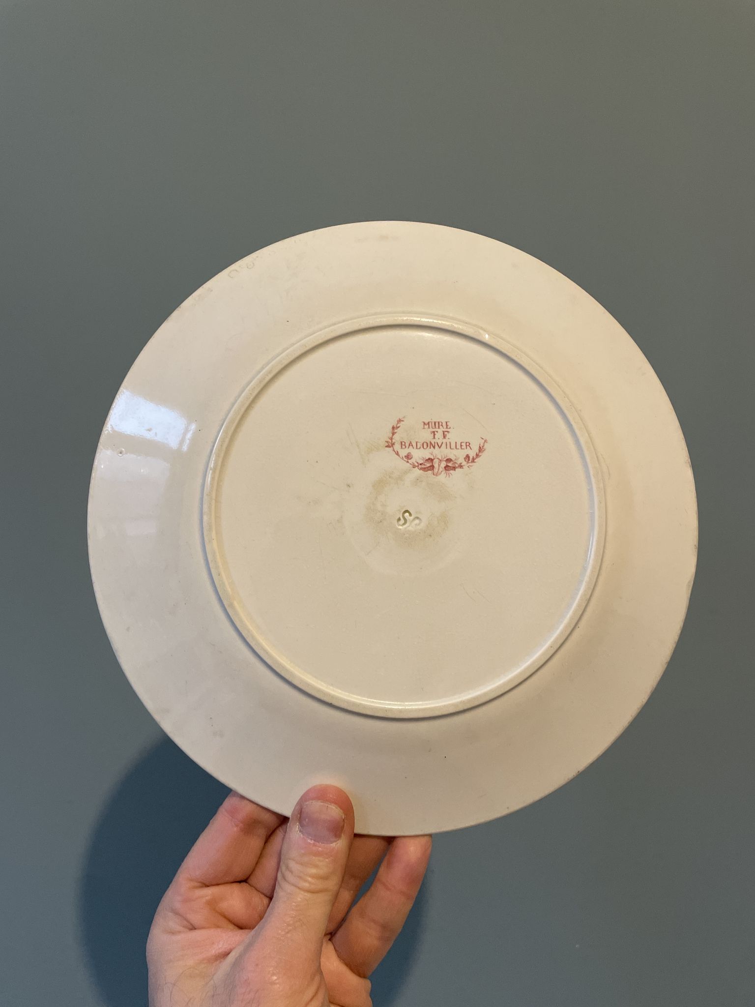 Set of 4 old flat plates Terre de Fer, earthenware of Badonviller