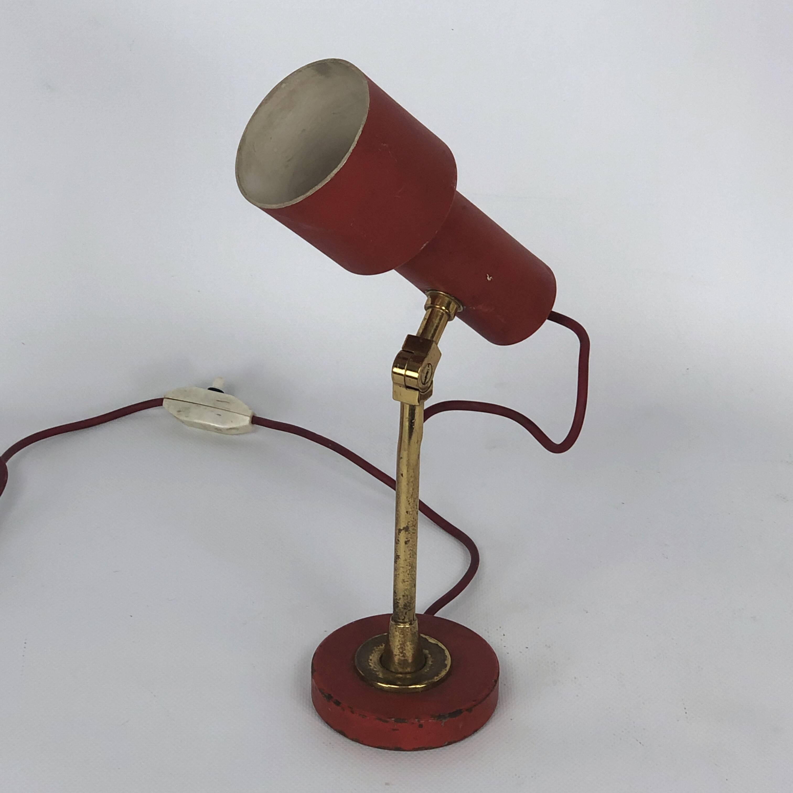 Stilnovo, vintage red brass table lamp from 50s