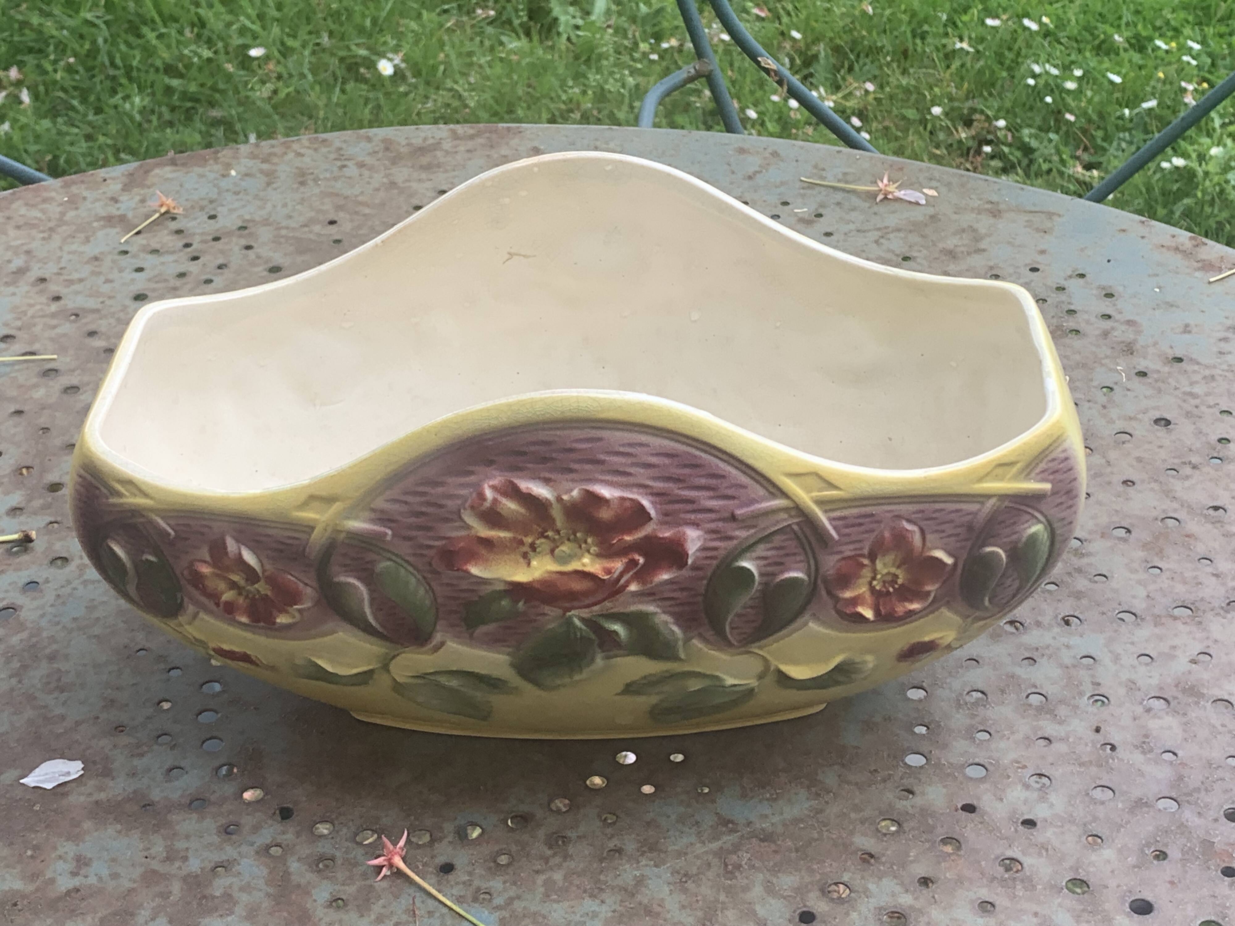 Yellow glazed ceramic slip planter, hawthorn pink flower pattern, art deco