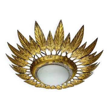 Spanish sunburst ceiling light – opaline glass & gilt iron foliage, 1960s