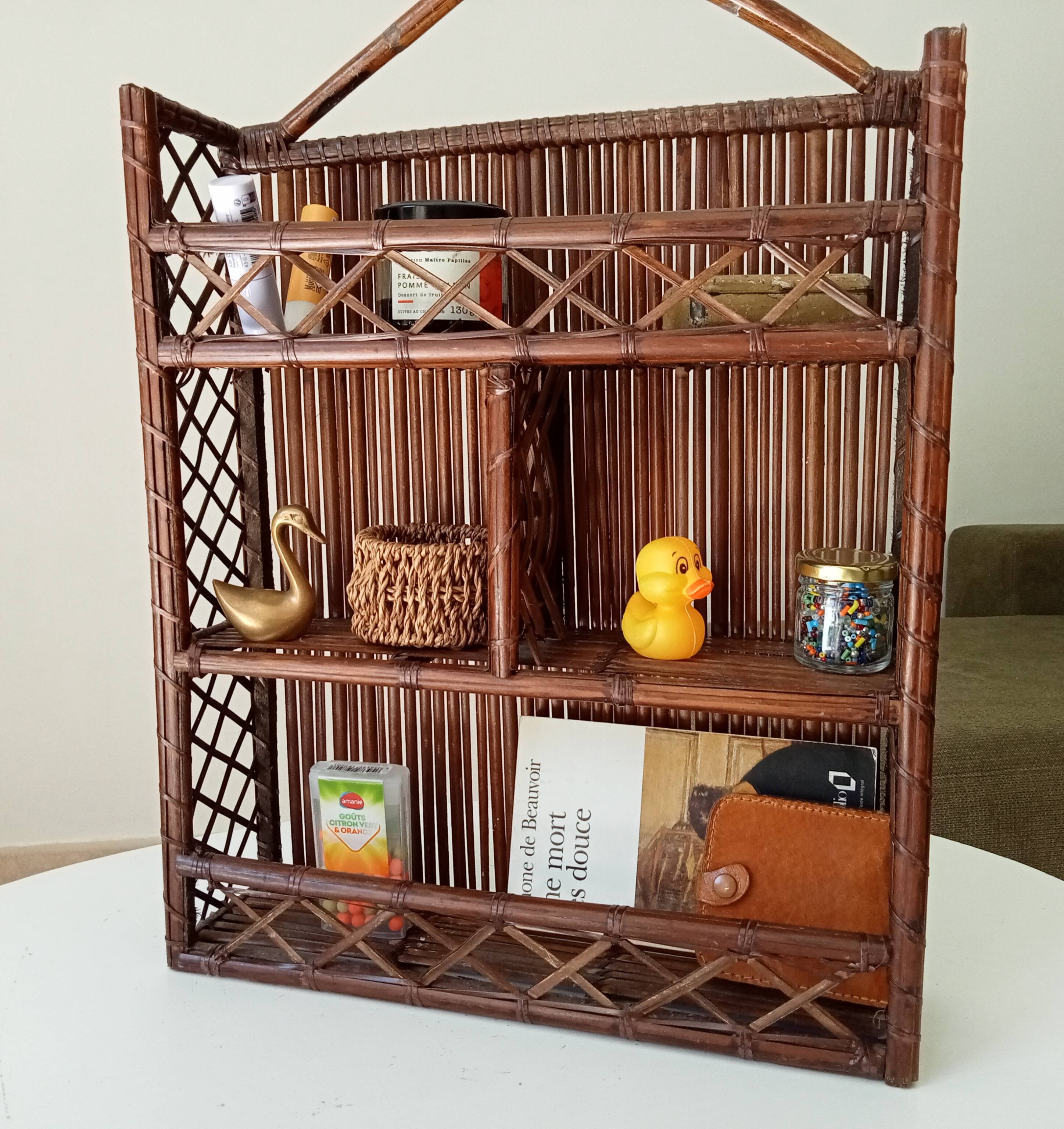 Vintage bamboo and rattan wall shelf from the 70s