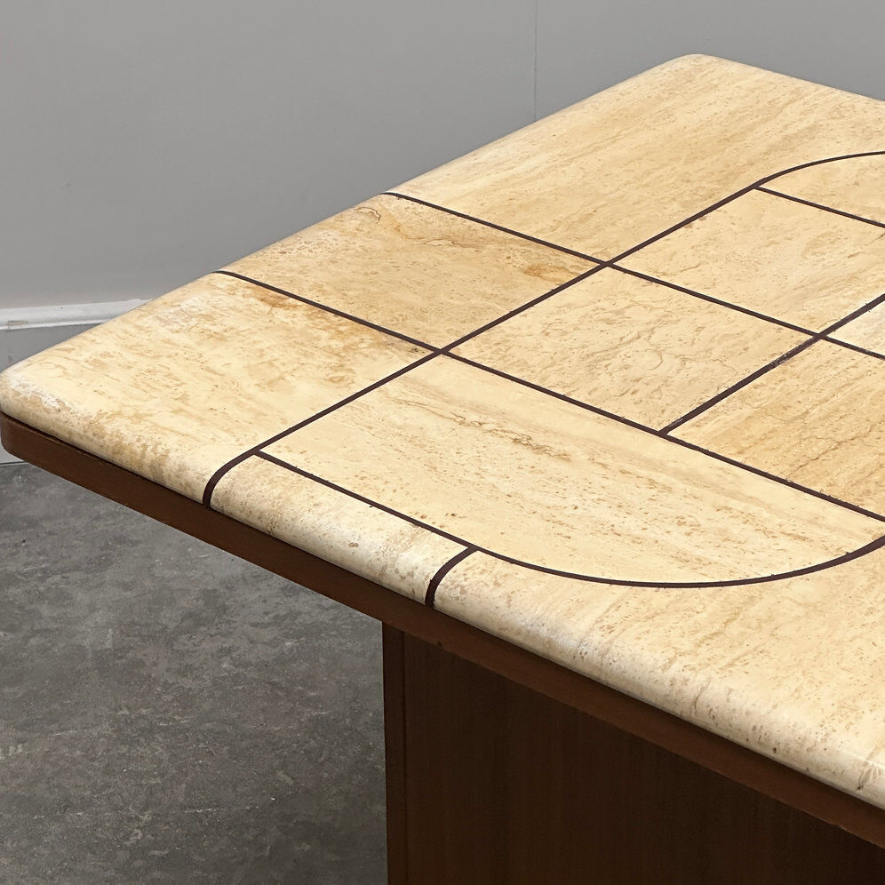 Graphic travertine tile coffee table on oak base, 1970s