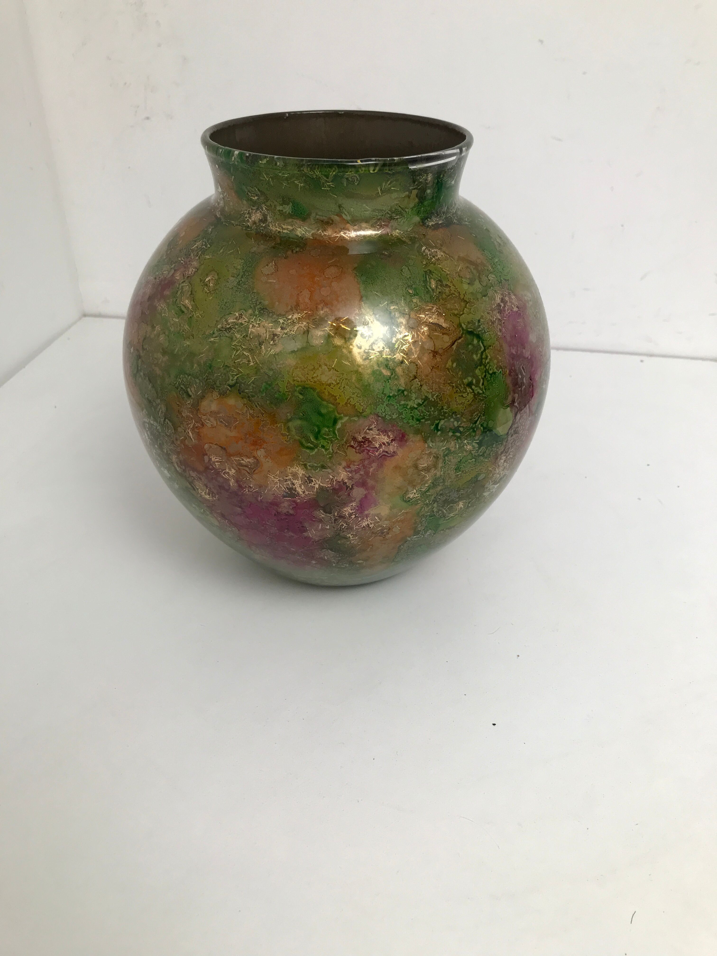 Linear lacquered glass vase 1970-1980 with internal decoration of gold oxides unique handmade piece