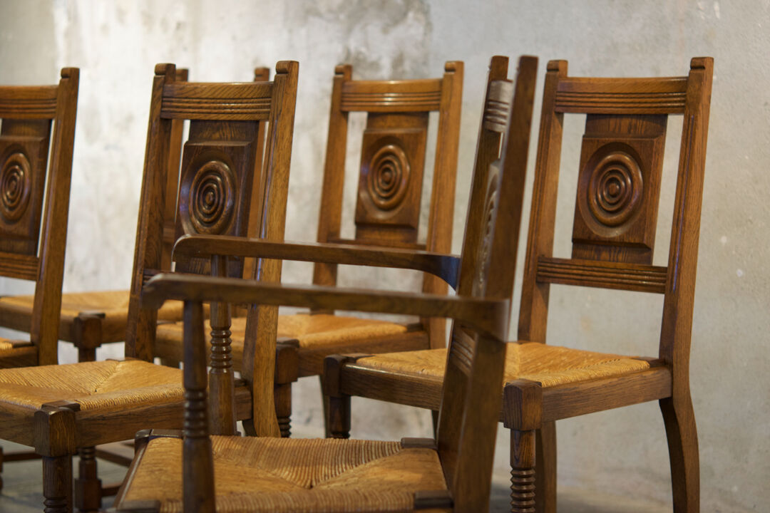 Set of six chairs and two brutalist armchairs mid-century 1950'