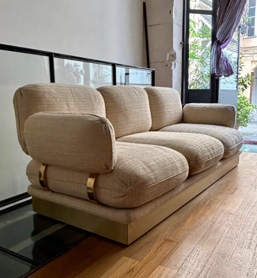 Vintage Thibier 3-seater sofa, beige fabric and brass, France 1978