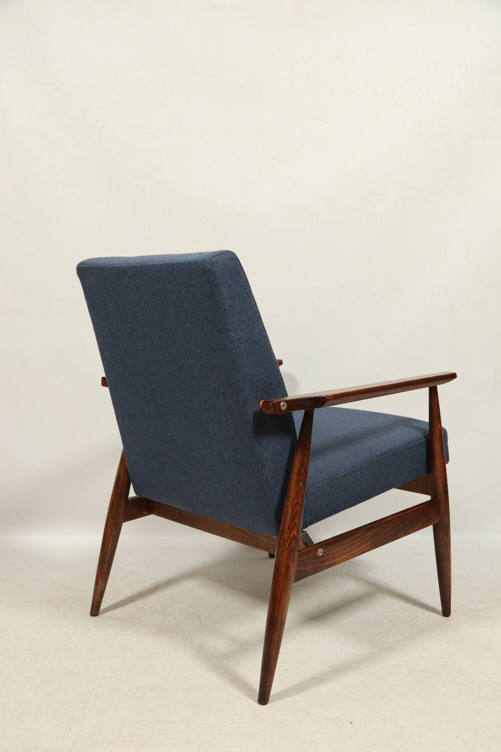 Scandinavian armchair navy blue natural wool dark brown wood design by H.Lis
