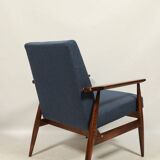 Scandinavian armchair navy blue natural wool dark brown wood design by H.Lis