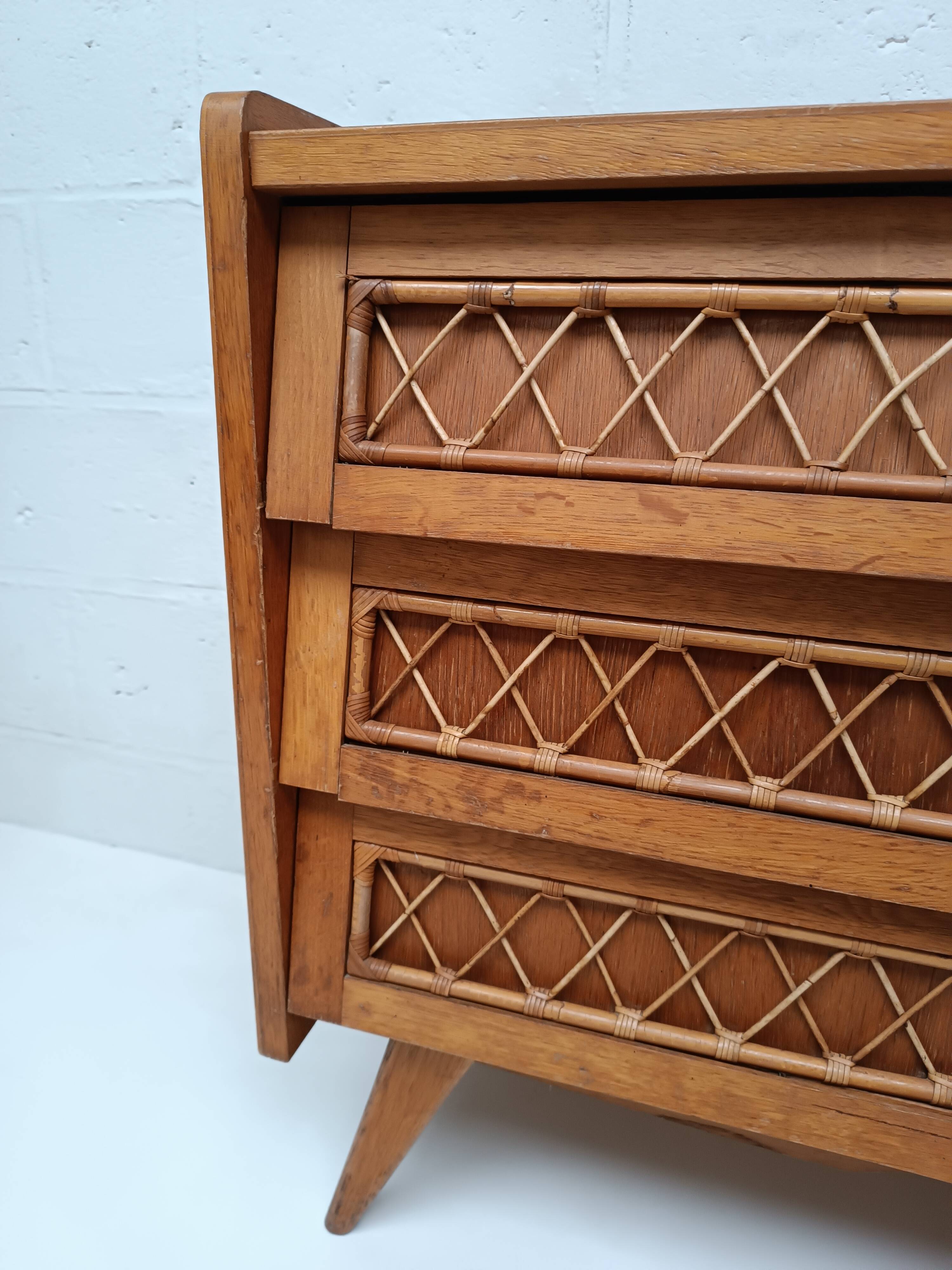 Vintage wood and rattan chest of drawers