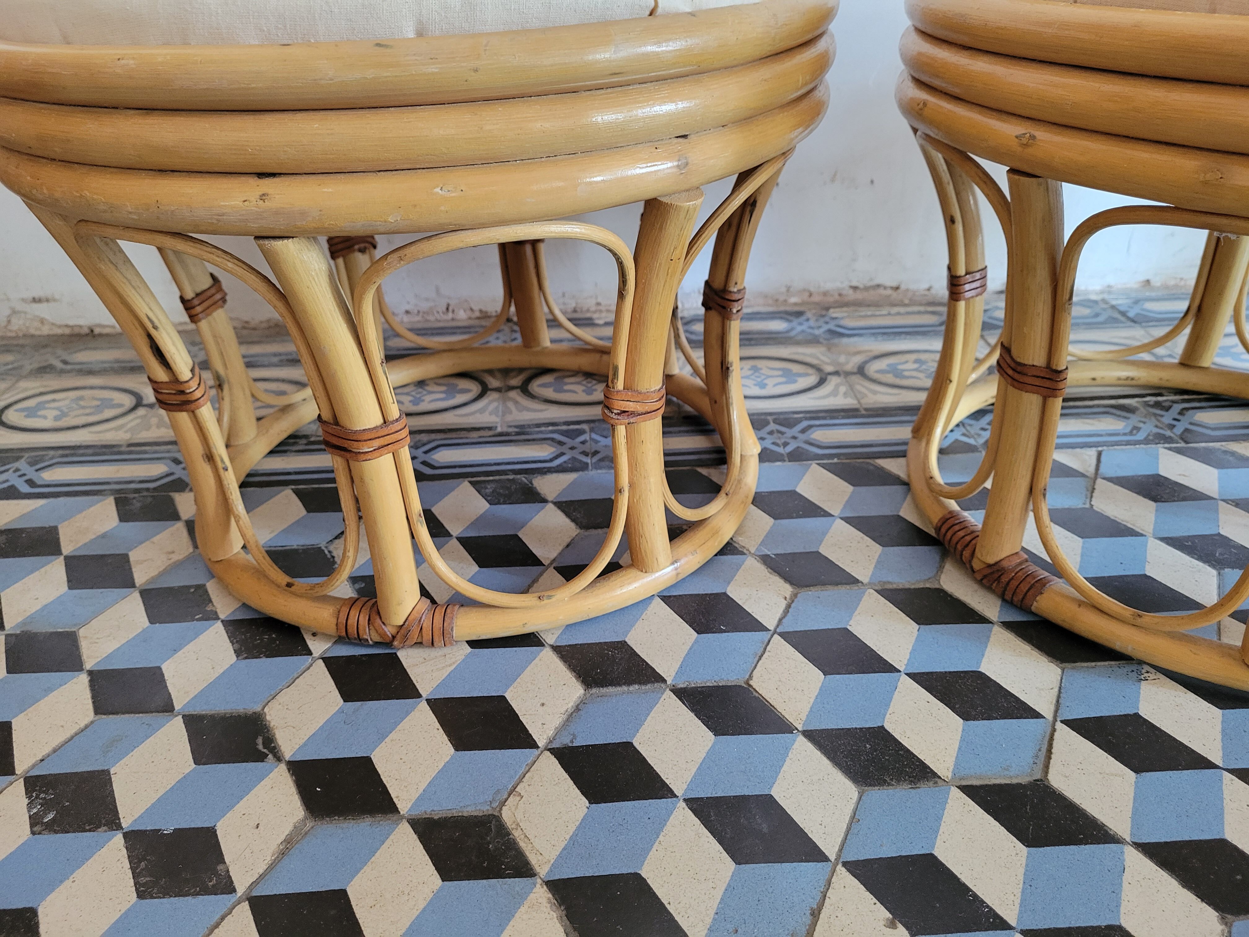 Rattan and leather poufs