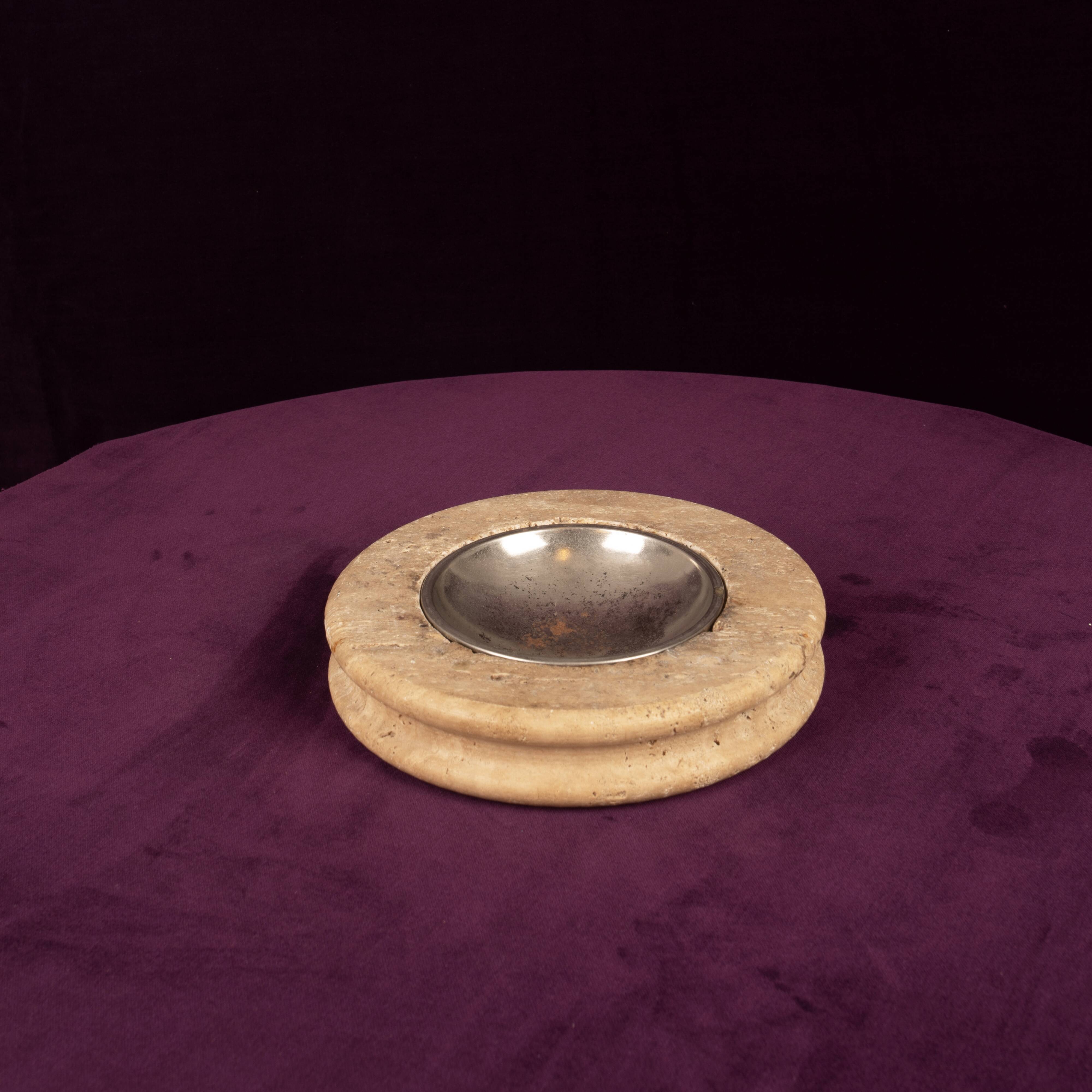 Round Italian Travertine Ashtray with Removable Metal Dish 1970