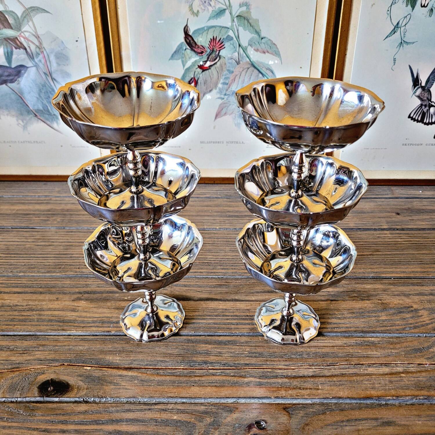 6 vintage stainless steel ice cream cups, flower shape