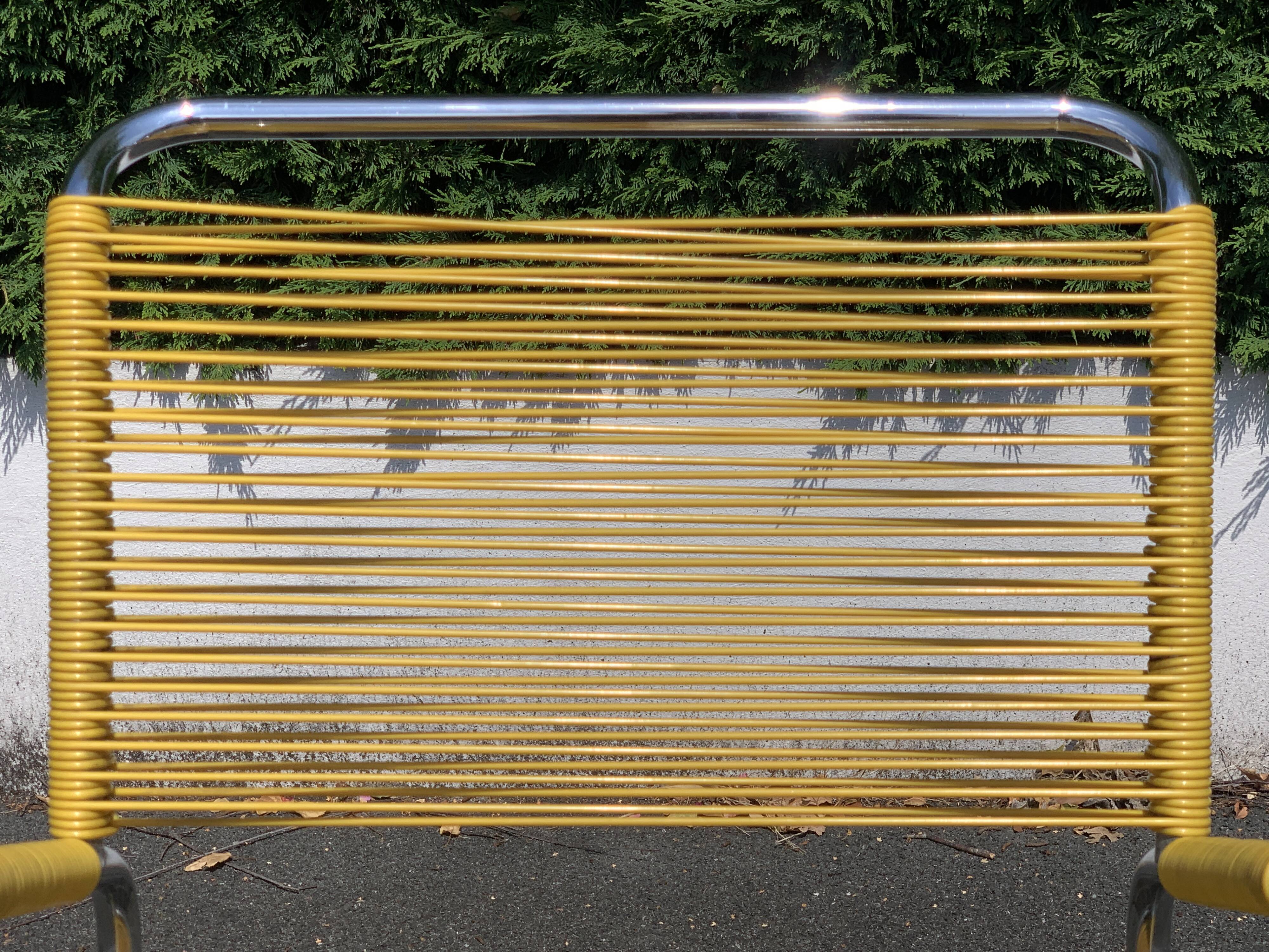 6 yellow and stackable armchairs, scoubidou by Dupré Perrin