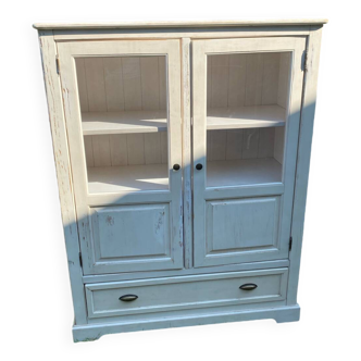 Small ecru, glass and wooden cabinet, excellent condition