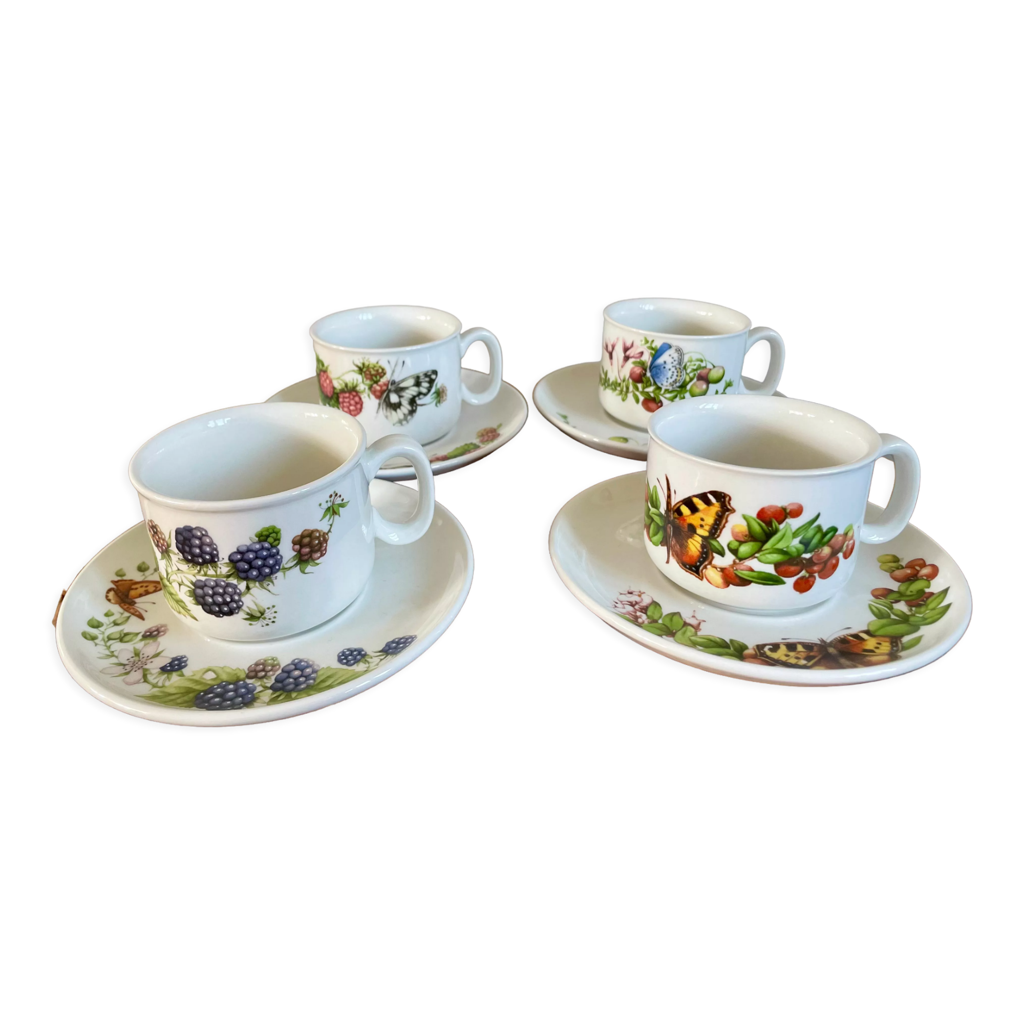 Set of 4 Marjolein Bastin Teacups with Saucers from the "Libelle" Series, J&G Meakin, Wedgwood Group