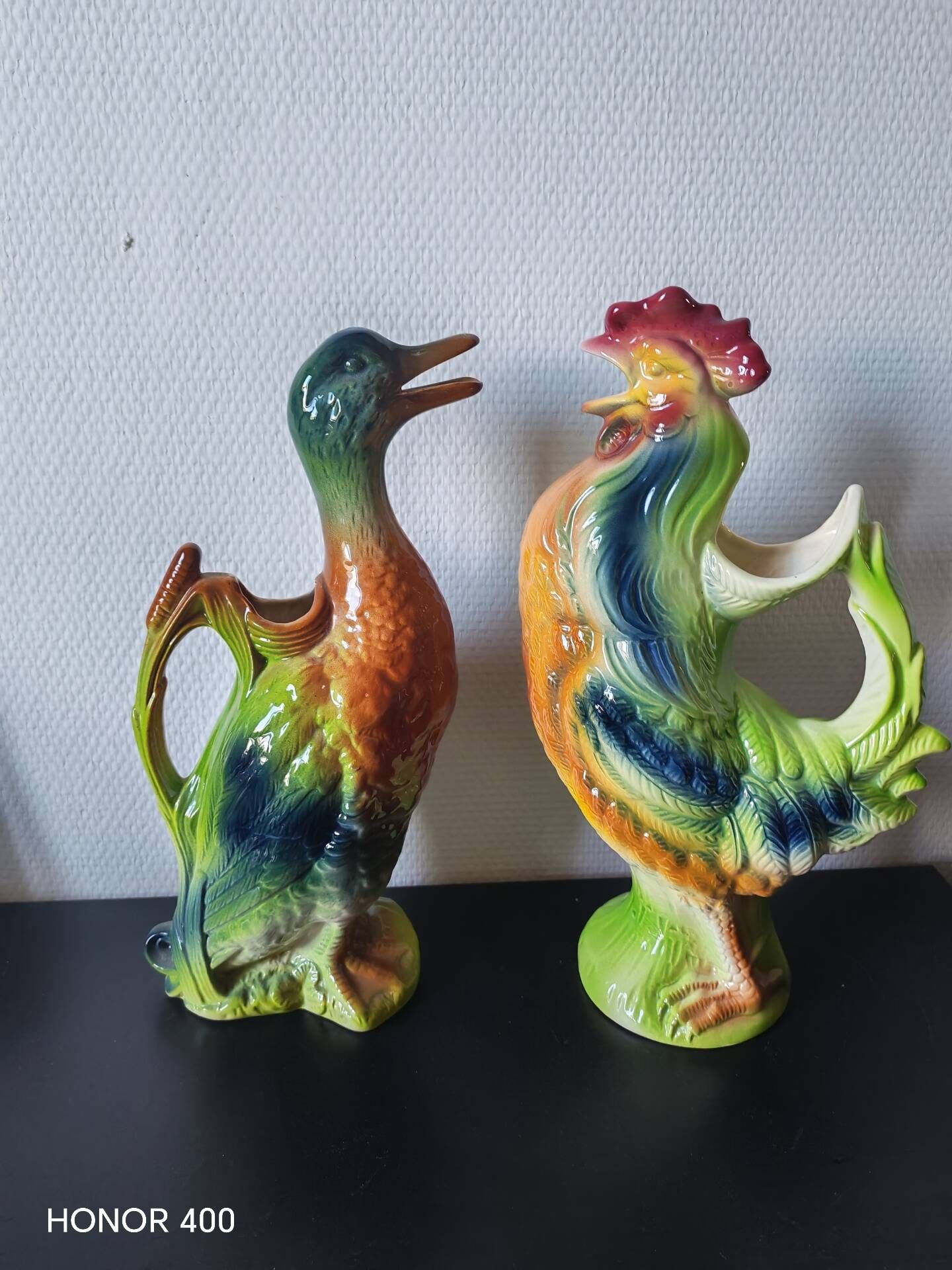 Pair of duck and rooster jugs in St Clément barbotine vintage