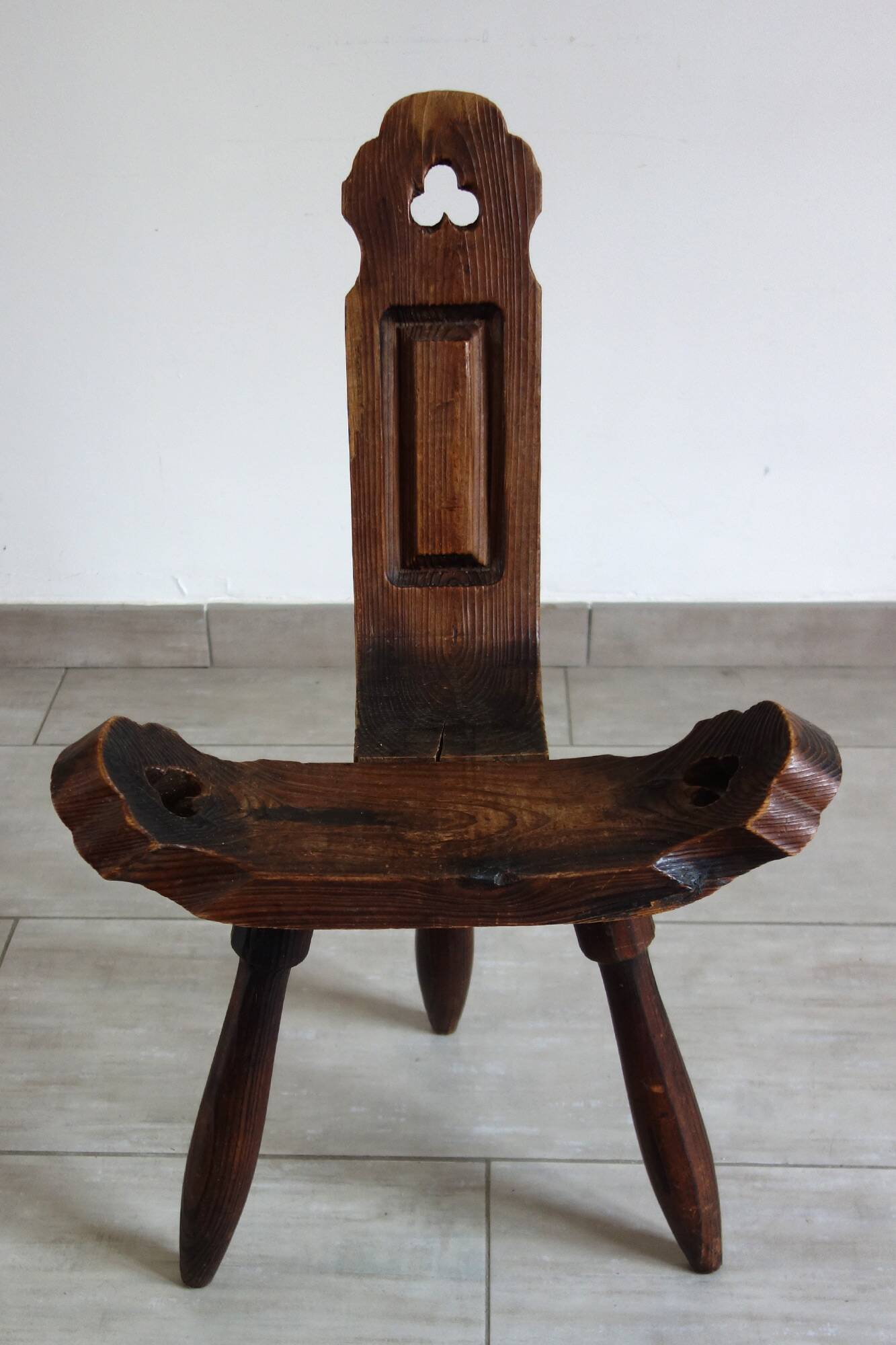 Brutalist Tripod Chair in Sculpted Wood, France