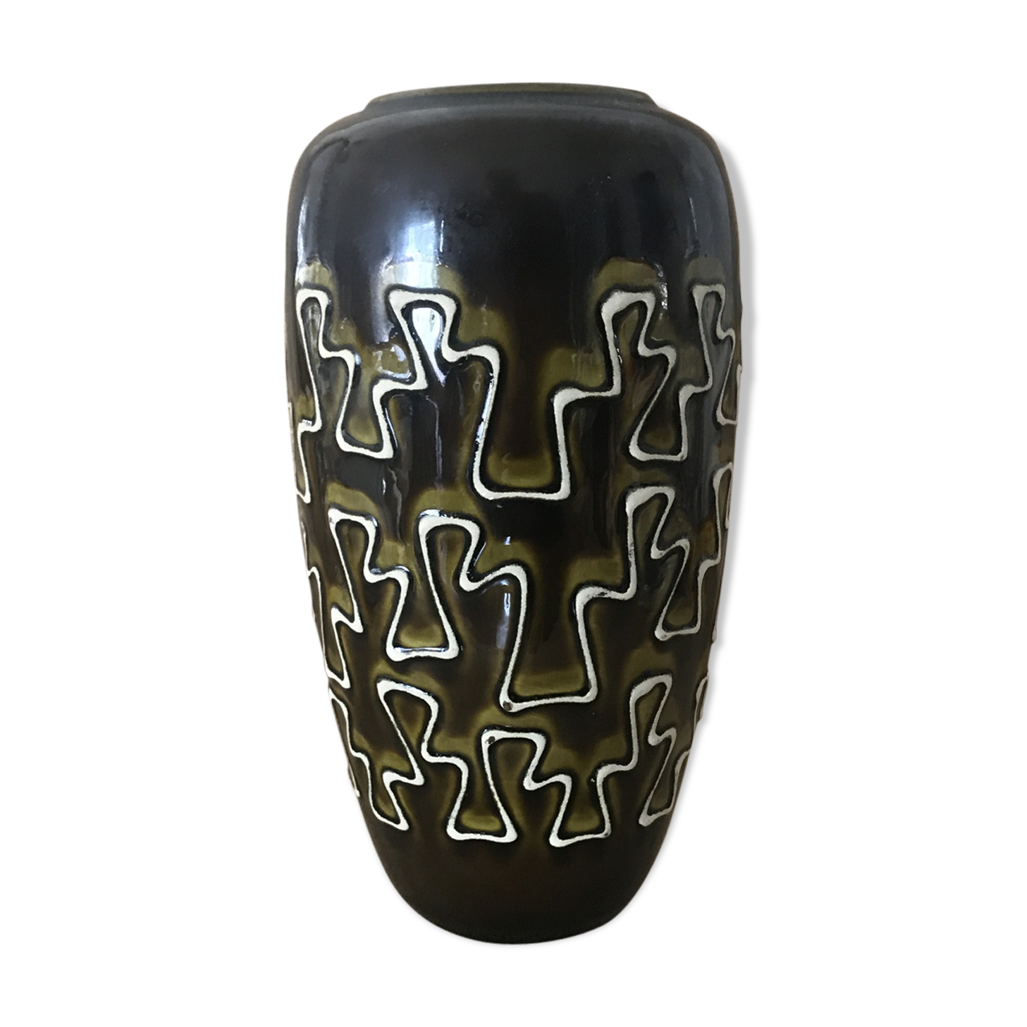 Large dark green earthenware vase/khaki geometric patterns vintage