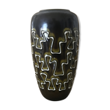 Large dark green earthenware vase/khaki geometric patterns vintage