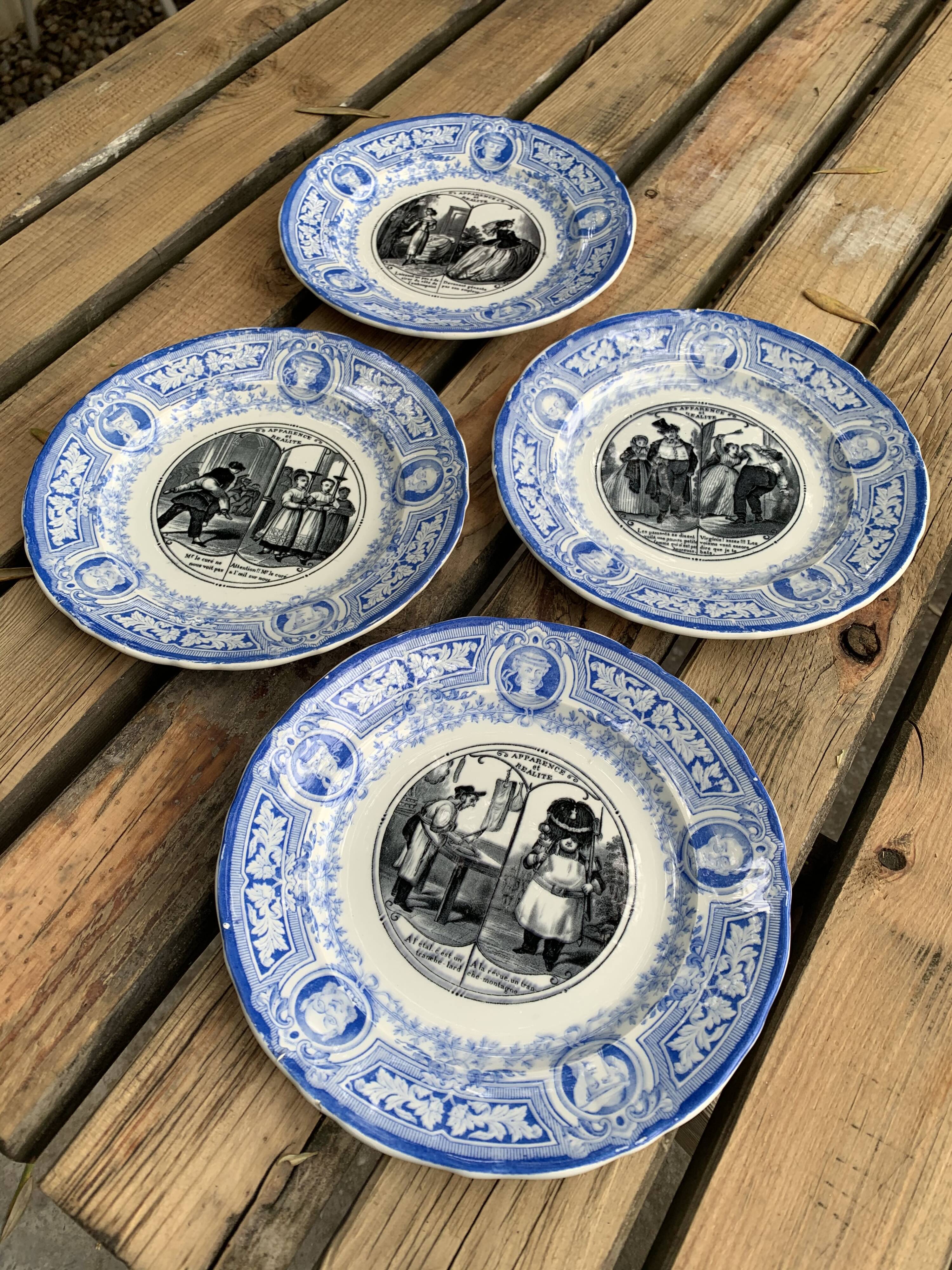 4 antique blue and black dessert plates Jules Vieillard Bordeaux 19th century