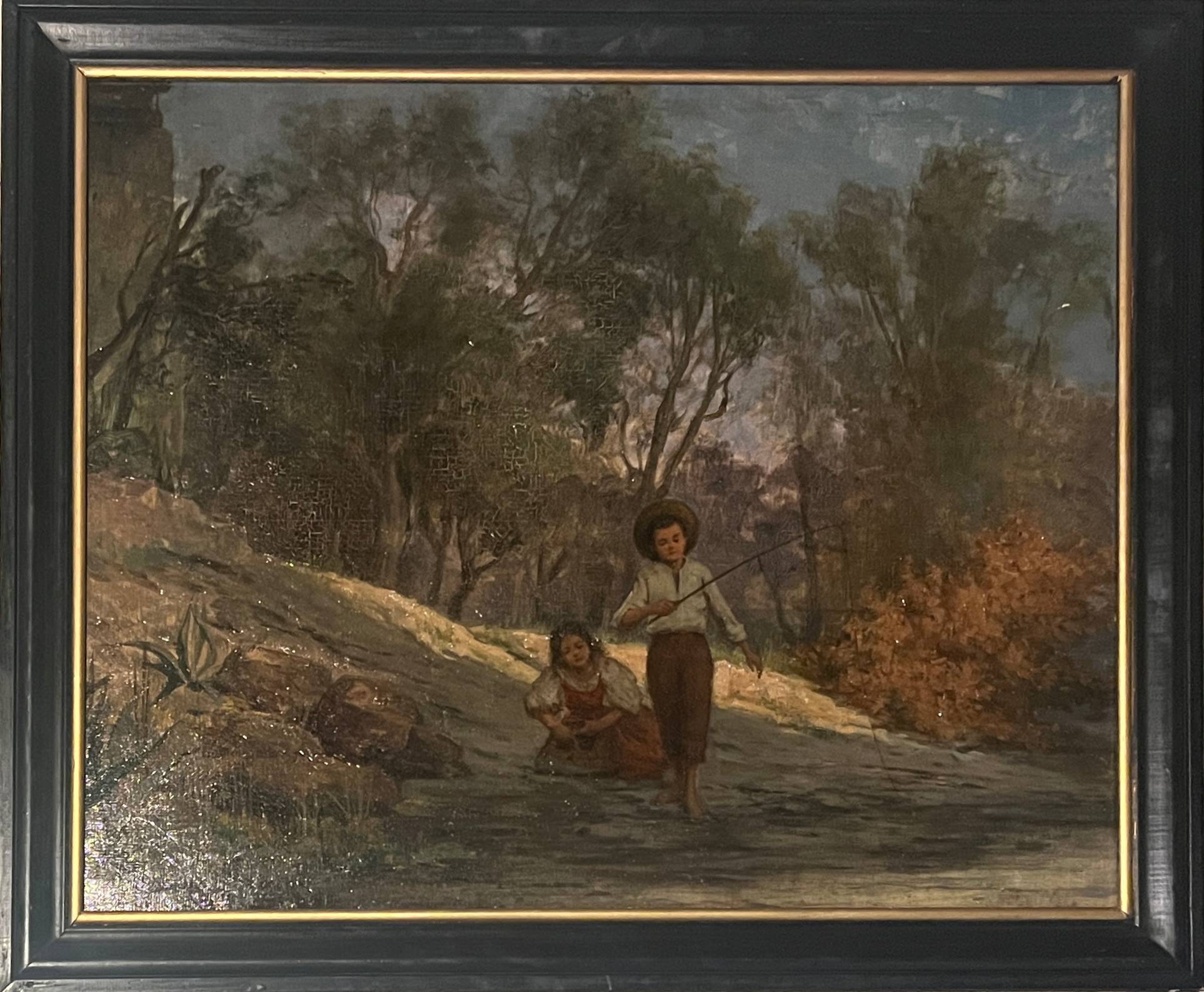 HST painting (19th/20th century) Children fishing in the undergrowth