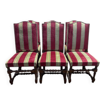 Suite de 6 chaises de style Louis XIII velours rayé