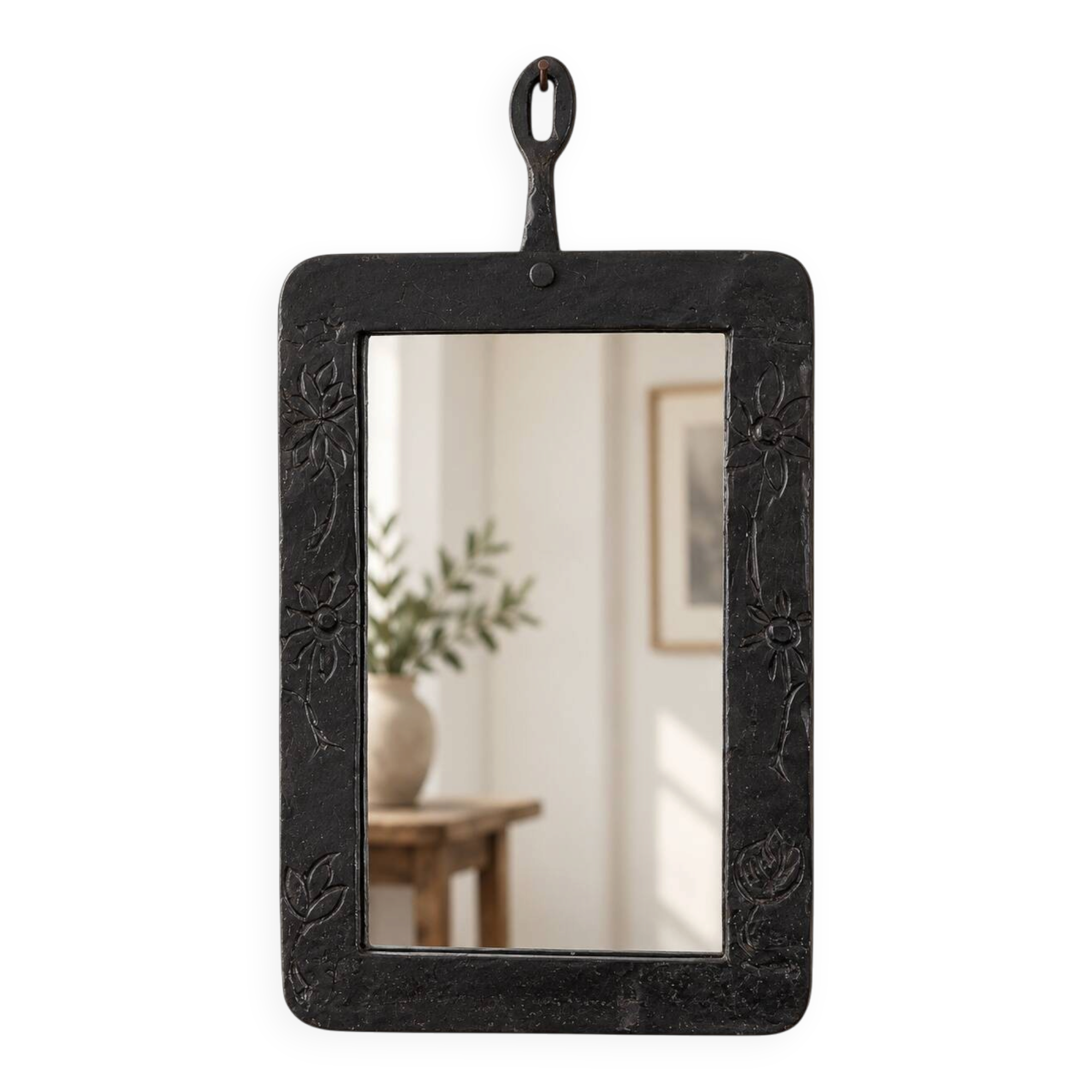 Vintage black wall mirror with floral decoration