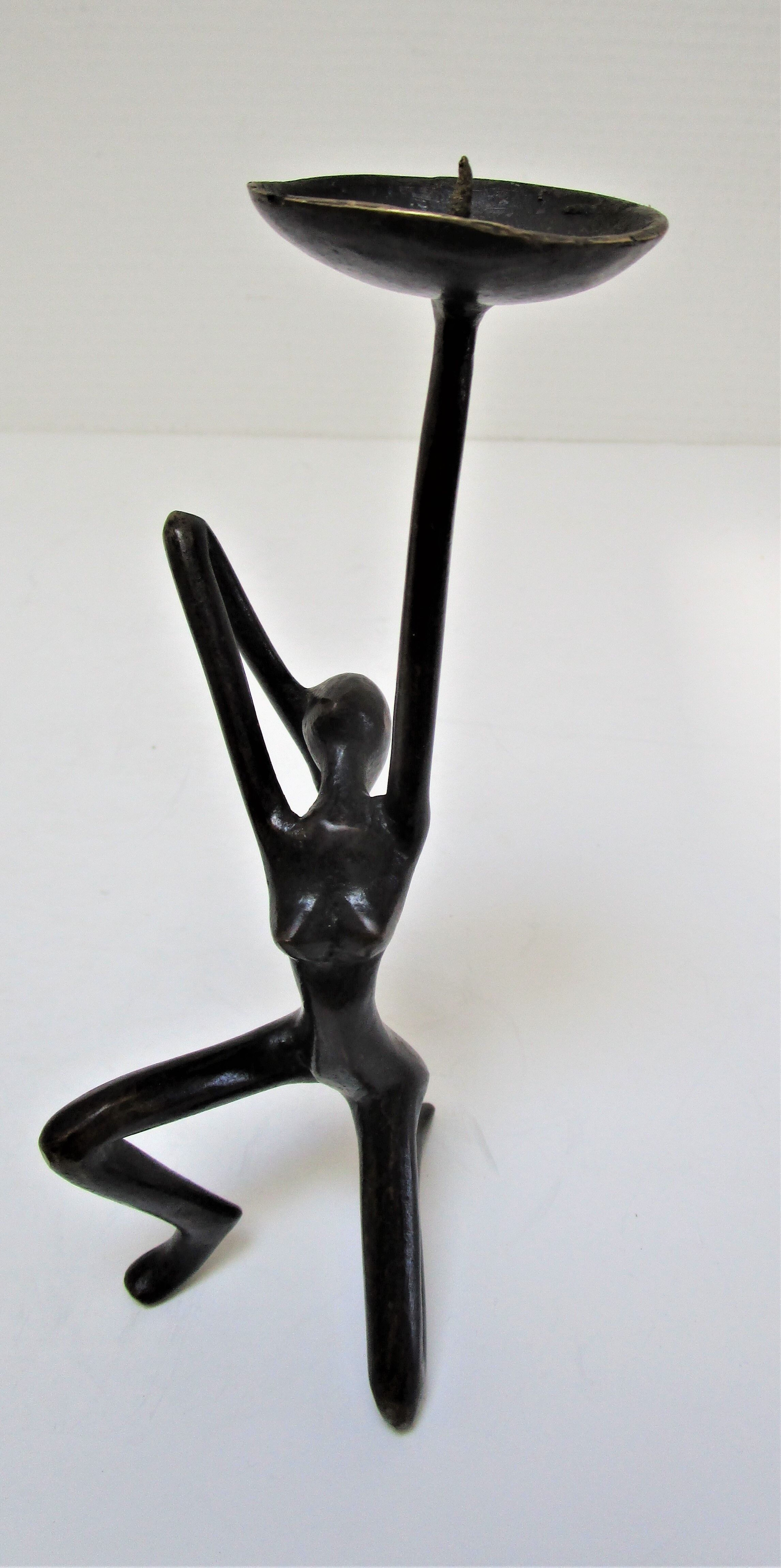 Sculptural candlestick anthropomorphic bronze blackened with woman's figure 70s