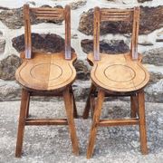 Set of rustic chairs and stools in carved oak, vintage, 1950s.