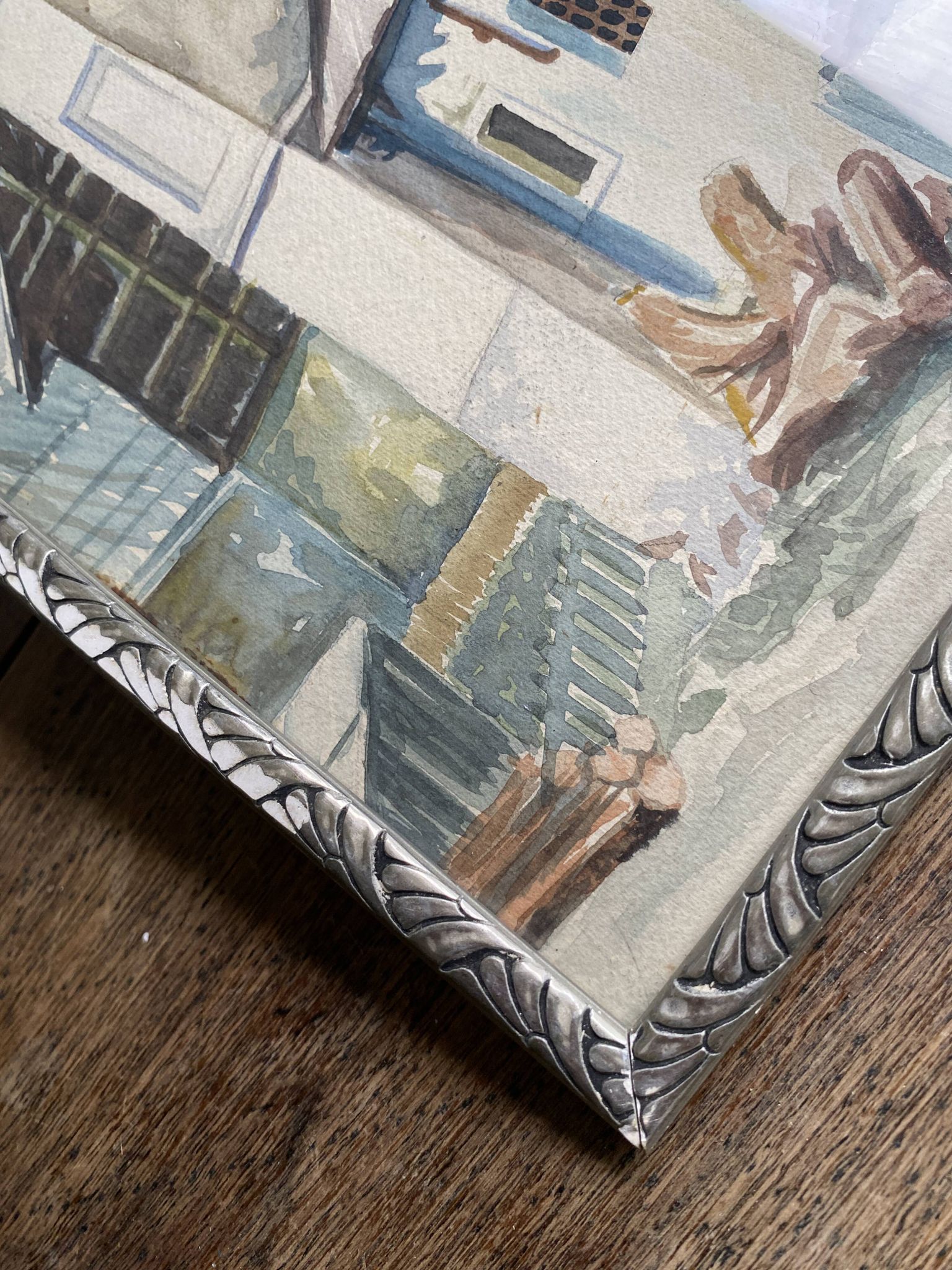 Aquarelle 1920, cadre bois sculpté argenté