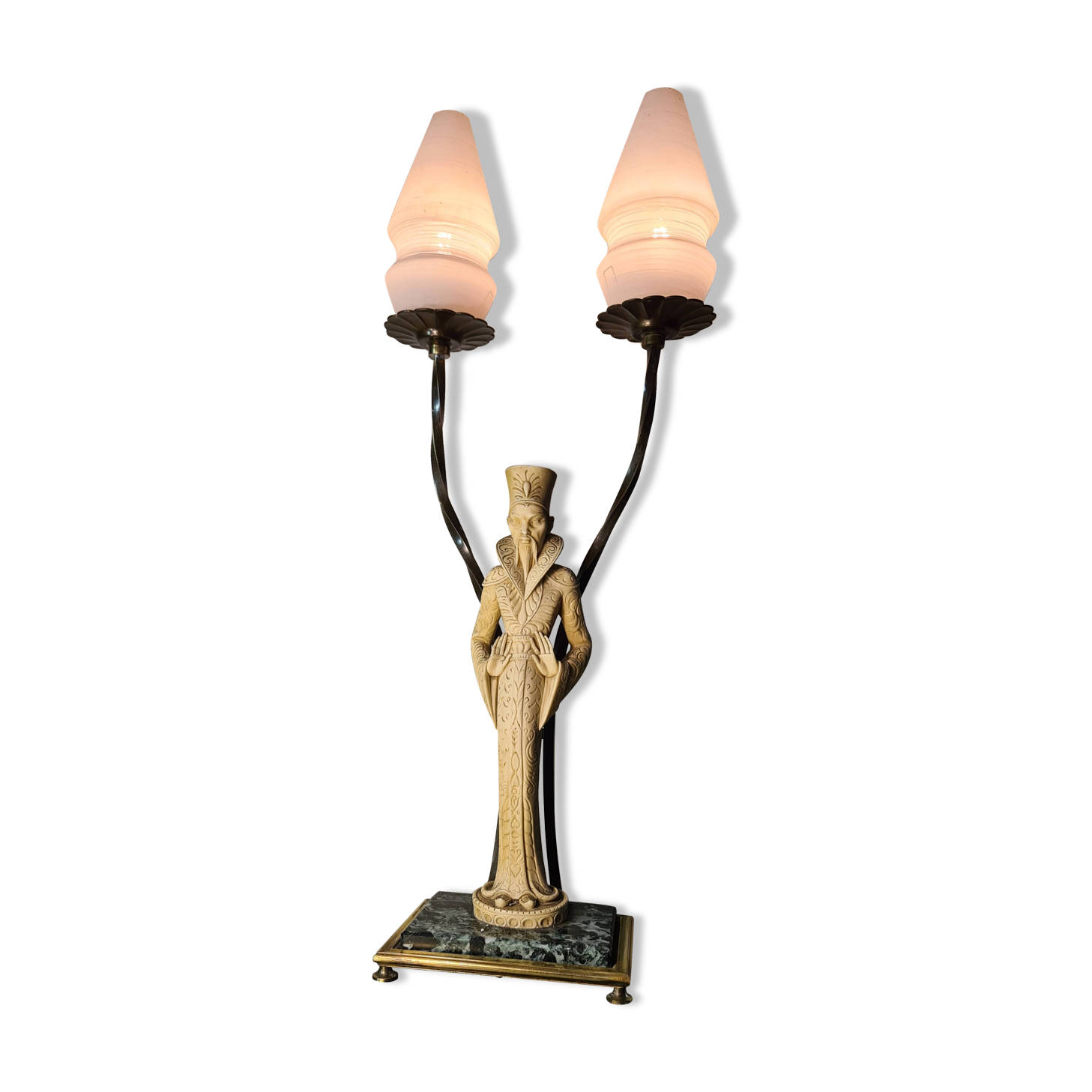 Lamp ivory resin figurines magician 1950 a 70 a. santini made in italy 63x26 marble base