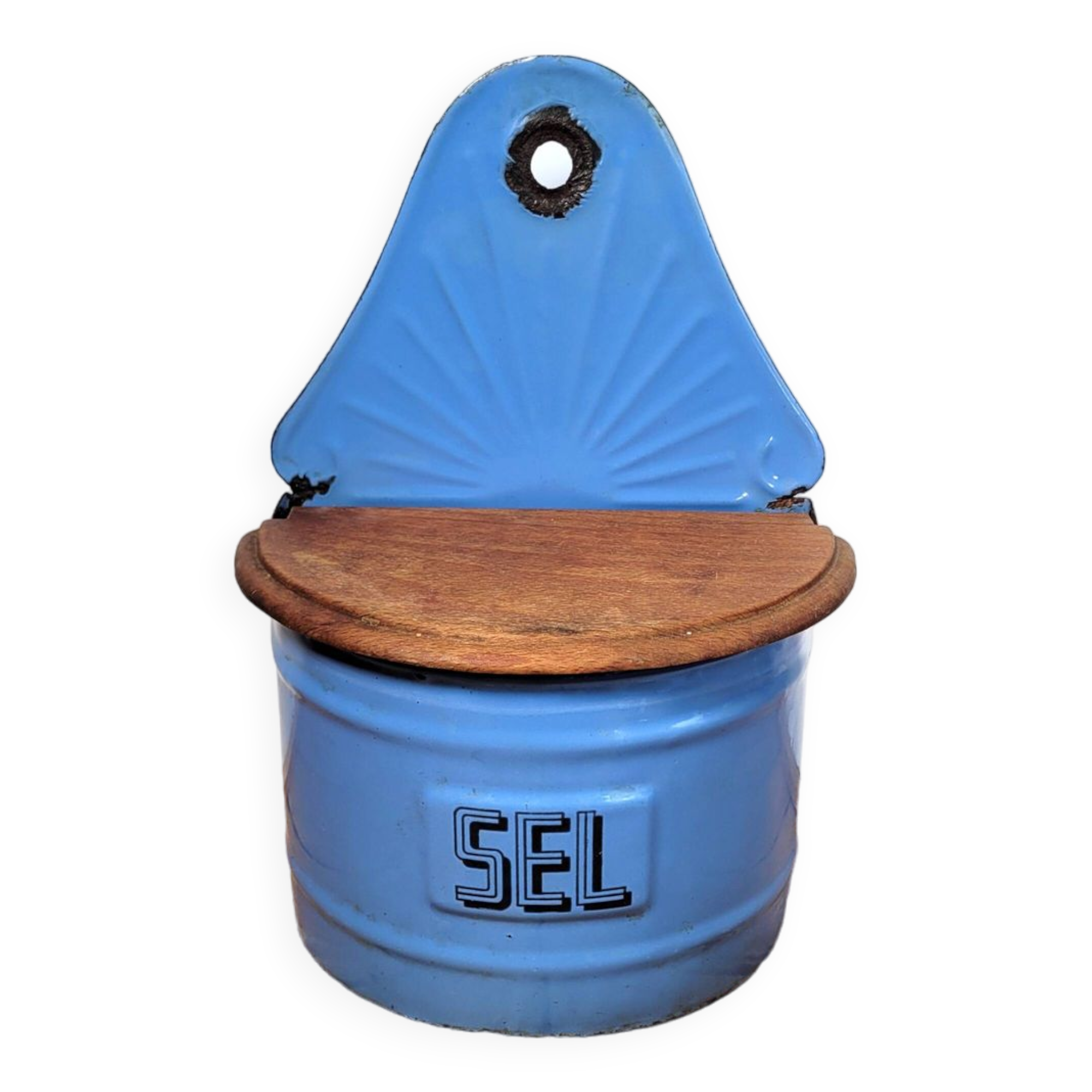 Old salt box in blue enameled sheet metal