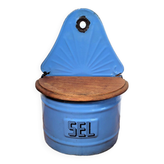 Boîte à sel ancienne en tôle émaillée bleue