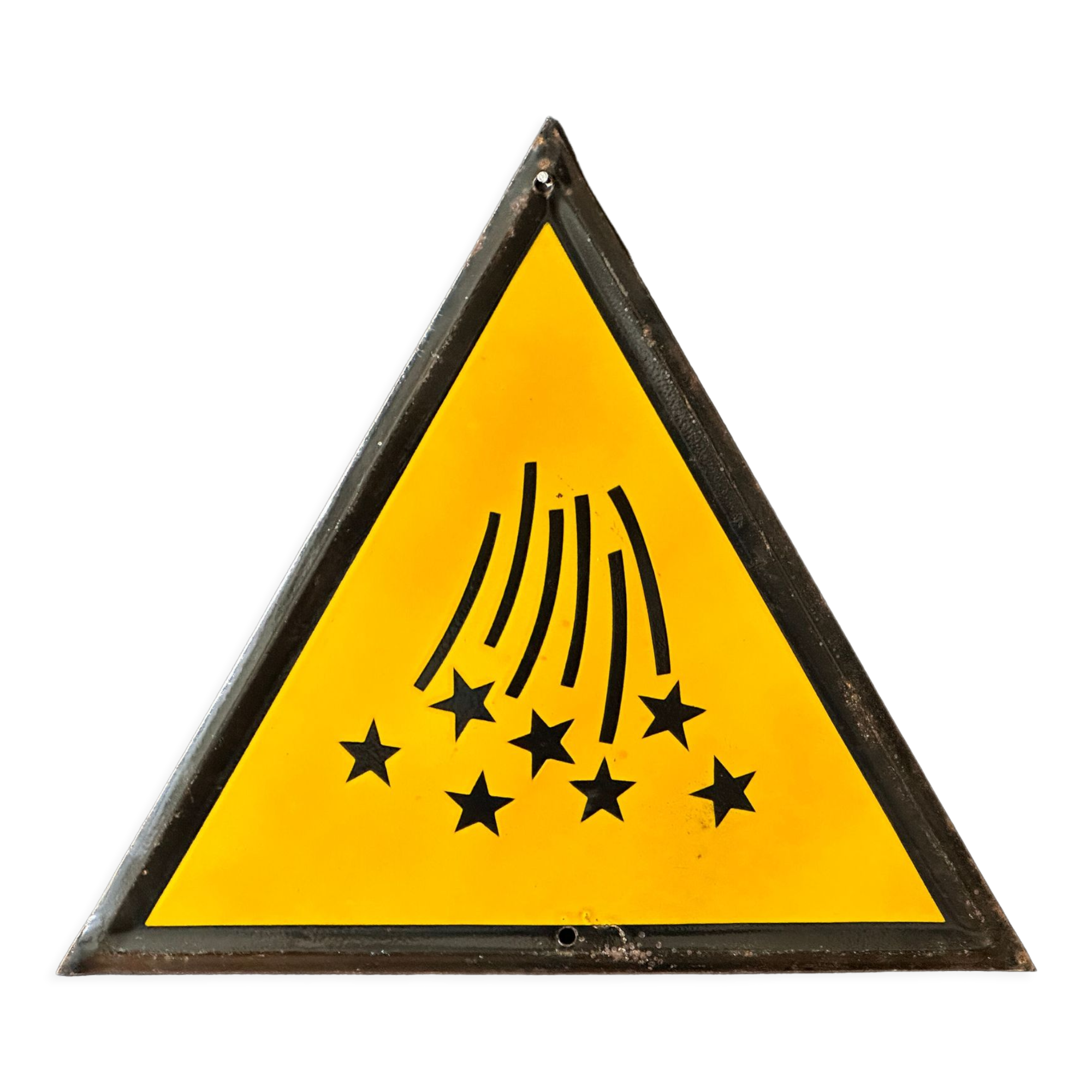 Stars yellow warning sign vintage european 1980's industrial big enamel
