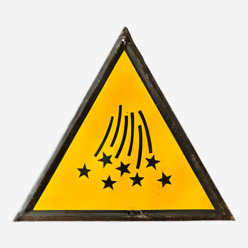 Stars yellow warning sign vintage european 1980's industrial big enamel