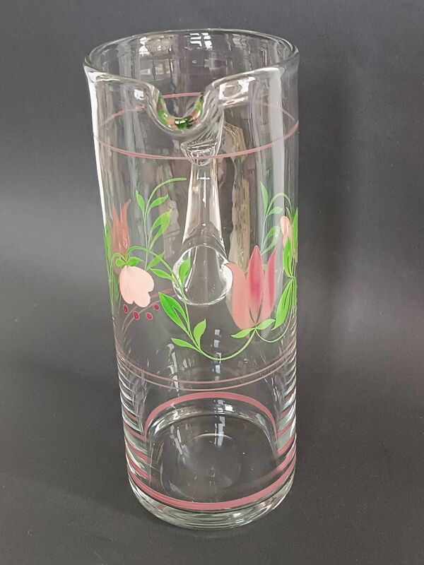 Carafe et quatre verres en cristal peint cristallerie de Hartzviller 1970