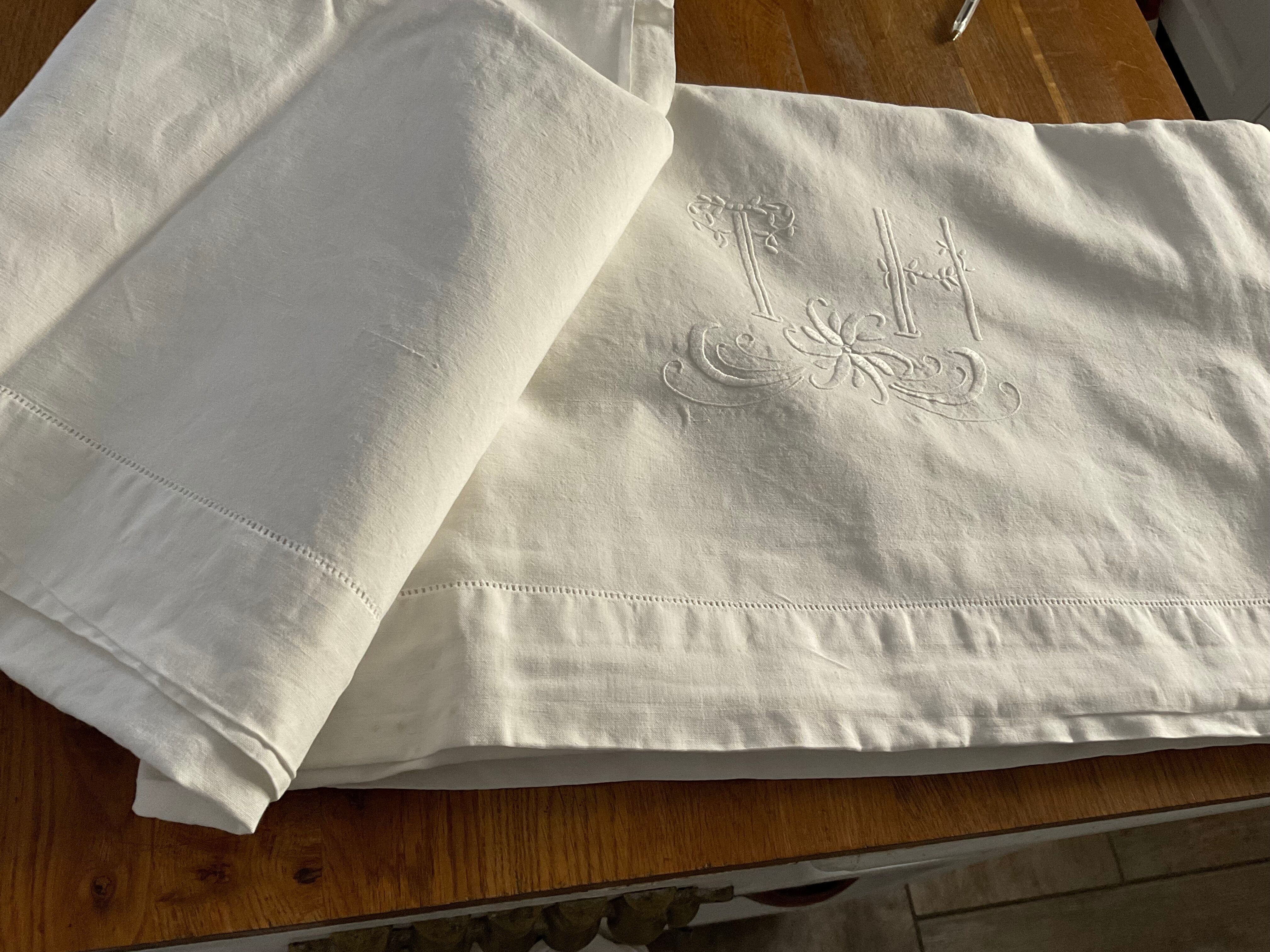 Linen/cotton embroidered sheet.  Monogram TH