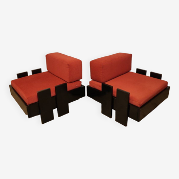 Pair of low vintage armchairs in black lacquered wood and fabric, 1970s